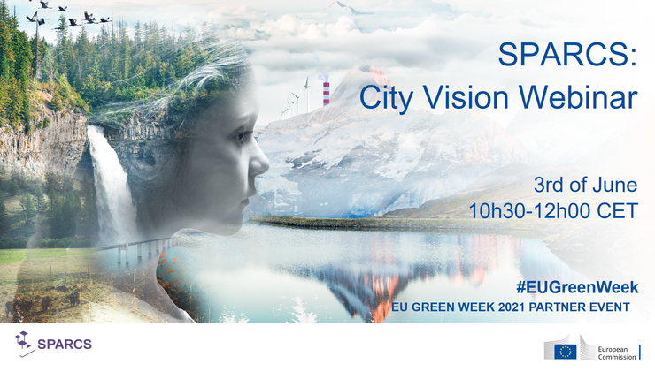 Flyer für SPARCS City Vision Webinar alle Infos im Artikel, im Hintergrund ein Foto eines Mädchens im Profil, sie trägt Wald als Haare und blickt auf einen See vor einem beschneiten Berg